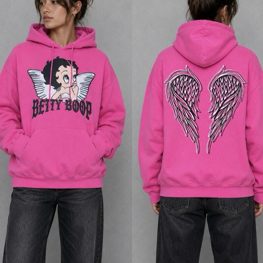 Betty Boop Angel Wings Hoodie Women's Medium Graphic Pullover Y2K Pink - Picture 1 of 9